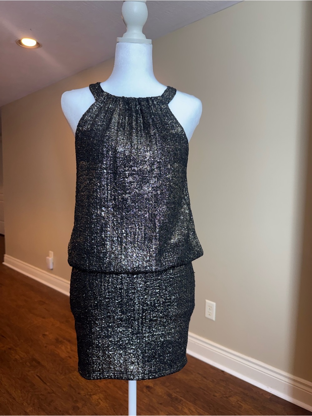 Just Me Black Metallic Trim Sleeveless Cocktail Mini Dress Small